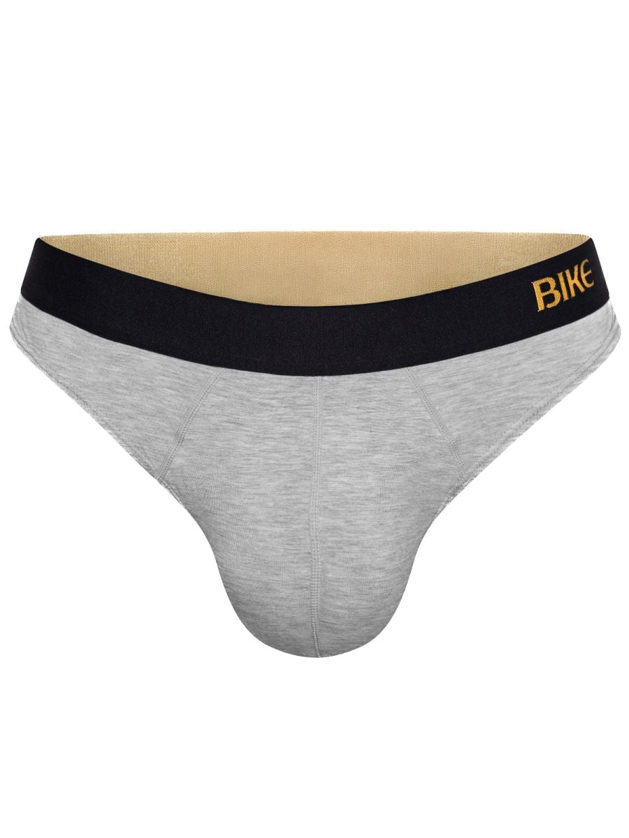 Gray heathered bike athletic bas319 active thong with black waistband and gold logo for men in light gray color