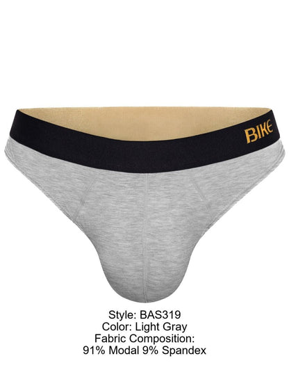 Light gray BIKE Athletic BAS319 active thong with black waistband and gold bike logo in men’s briefs style