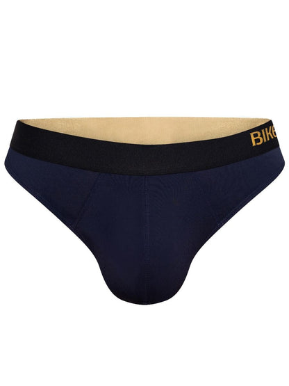 Navy blue bike athletic BAS319 active thong with black waistband and gold bike lettering designed for active wear