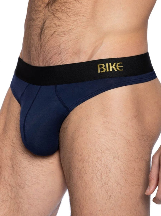 Navy blue BIKE Athletic BAS319 active thong briefs with black waistband and gold branding for athletic use