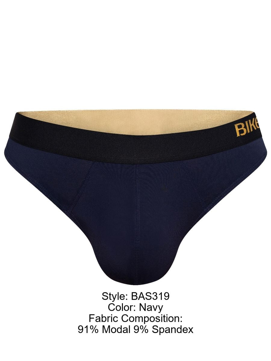 Navy blue bike athletic bas319 active thong with black waistband and gold lettering for men