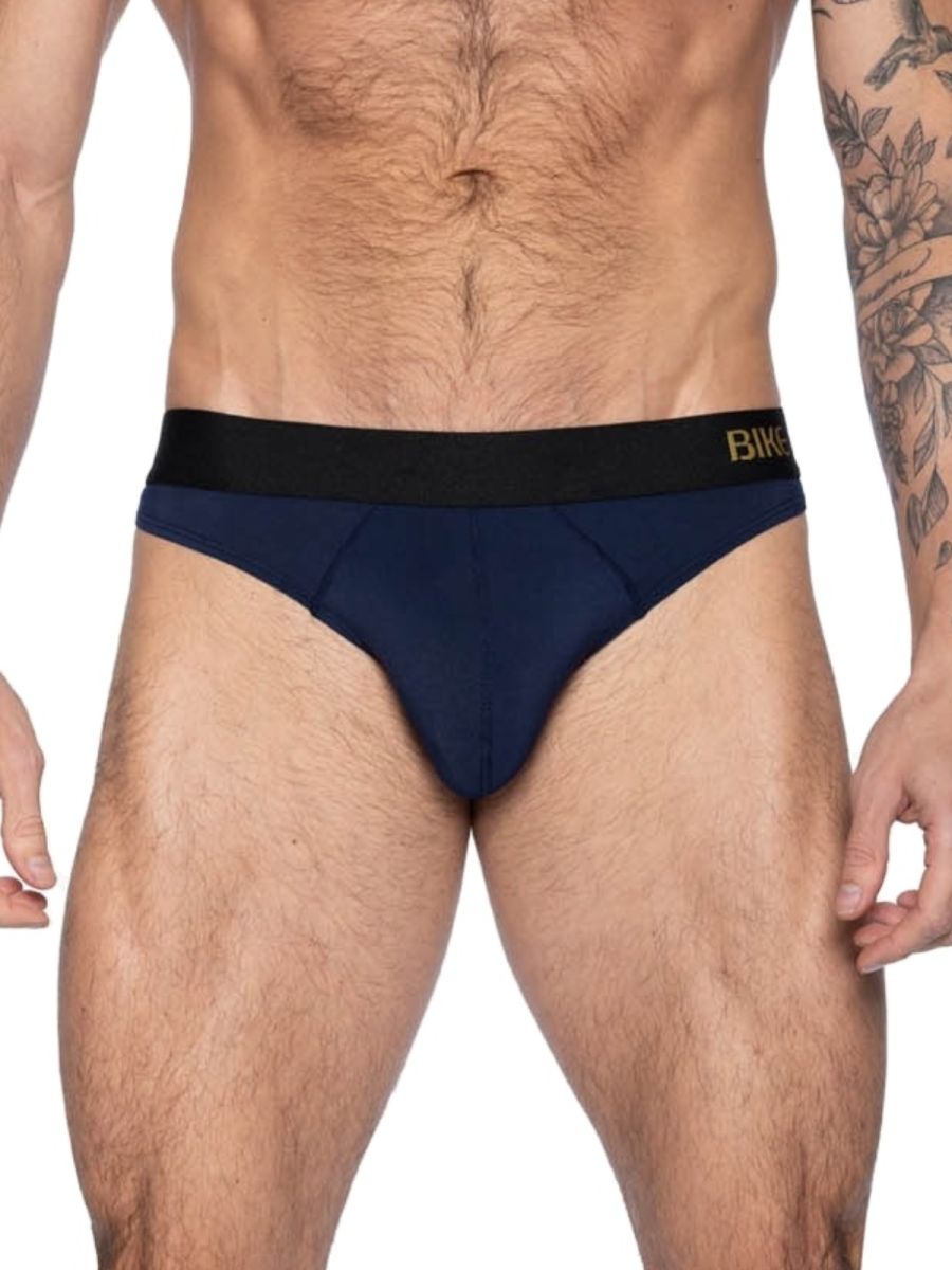 Navy blue bikini briefs with black elastic waistband and gold brand name for active athletic wear BIKE BAS319