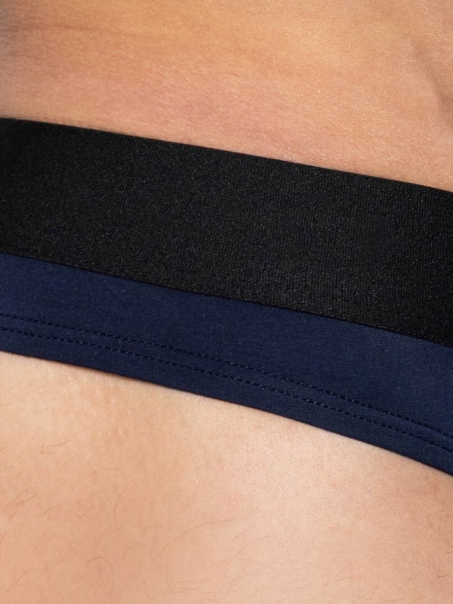Black and navy blue elastic waistband with visible stitching on the back of bike athletic bas319 active thong navy