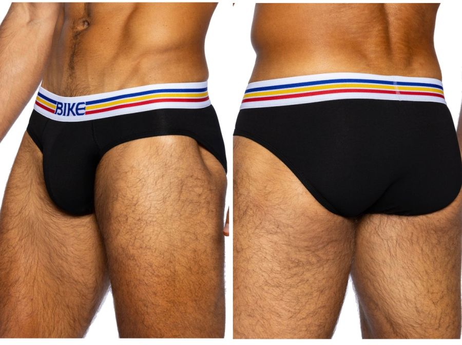 Black bike athletic BAS327 stretch cotton men’s briefs with white waistband and red yellow blue stripes