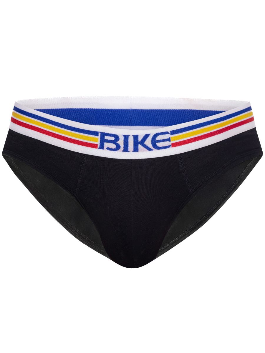 Black bike athletic bas327 stretch cotton men’s briefs with white waistband and red yellow stripes