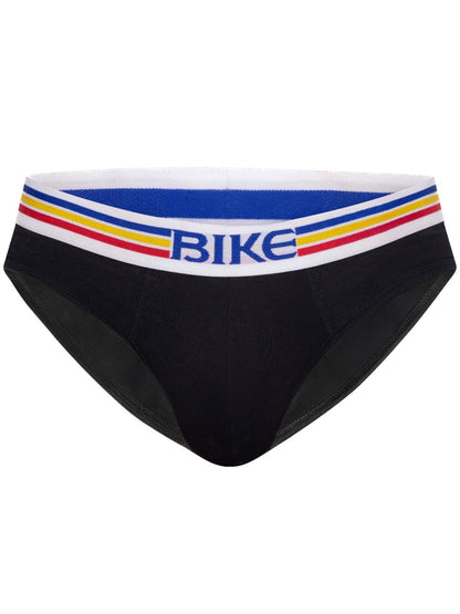 Black bike athletic bas327 stretch cotton men’s briefs with white waistband and red yellow stripes