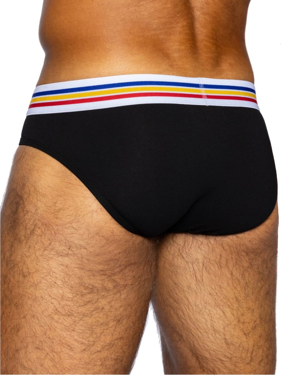 Black bike athletic bas327 stretch cotton briefs with colorful striped waistband in white blue yellow and red