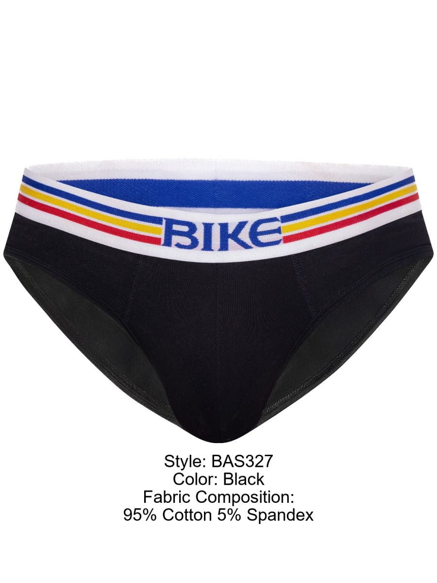 Black BIKE athletic BAS327 stretch cotton briefs with colorful striped waistband and bold blue bike lettering