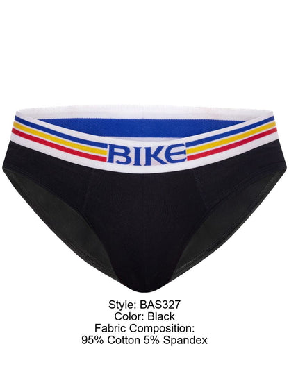 Black BIKE athletic BAS327 stretch cotton briefs with colorful striped waistband and bold blue bike lettering