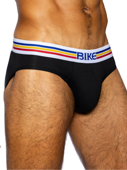 Black bike athletic bas327 stretch cotton briefs with white waistband and blue yellow red stripes front view