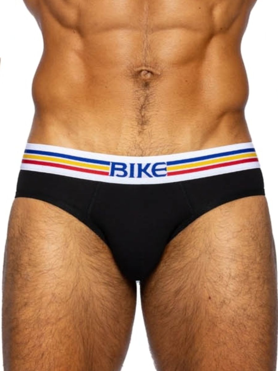 Black bike athletic bas327 stretch cotton briefs with white waistband and red yellow stripe accents