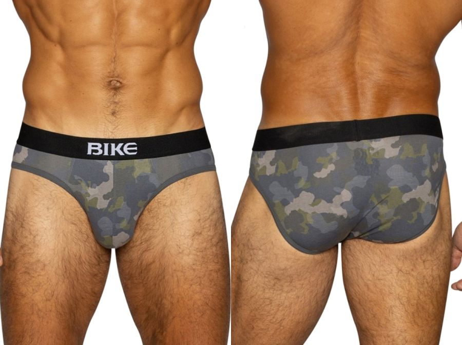Men's BIKE camo print cotton stretch briefs, front and back view.
