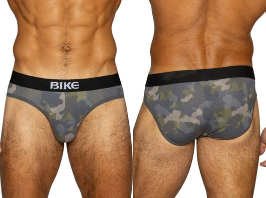Men's BIKE camo print cotton stretch briefs, front and back view.