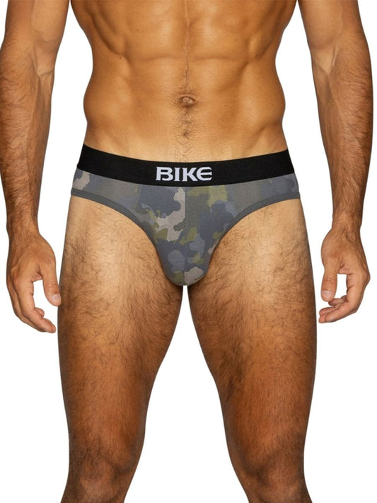 Men's BIKE stretch cotton brief in a camouflage pattern.