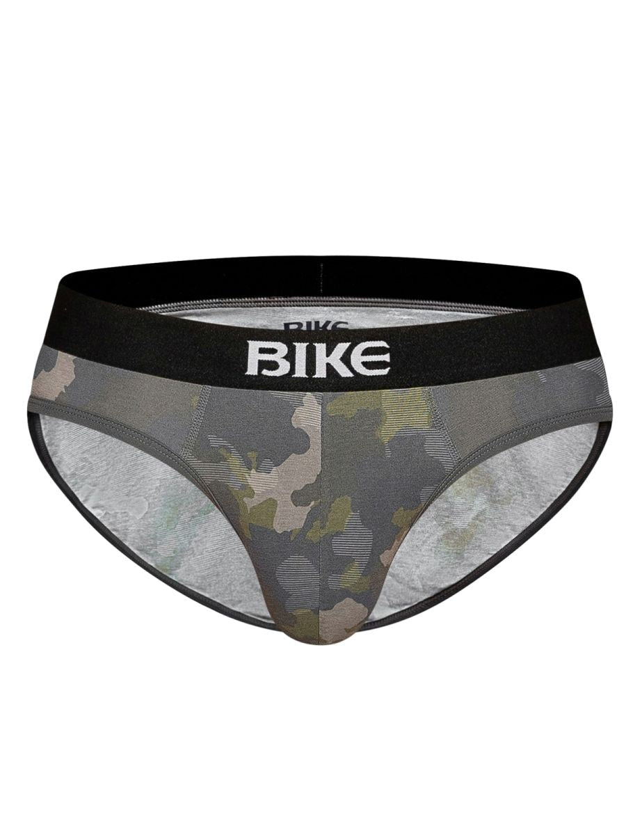 BIKE men's camouflage print stretch cotton briefs with black waistband.