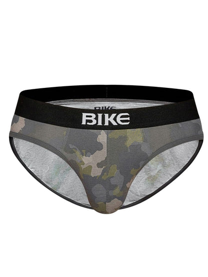 BIKE men's camouflage print stretch cotton briefs with black waistband.