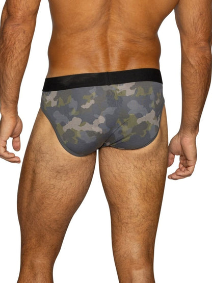 BIKE Men's stretch cotton briefs in a gray camouflage pattern.