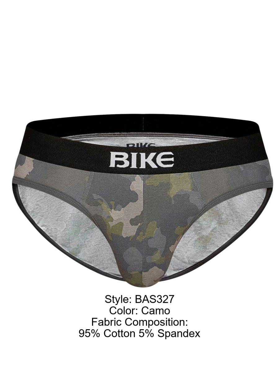 BIKE Men's stretch cotton briefs in a camouflage pattern with a black waistband.