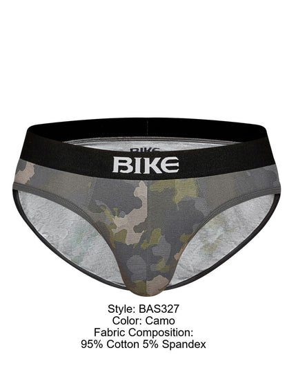 BIKE Men's stretch cotton briefs in a camouflage pattern with a black waistband.