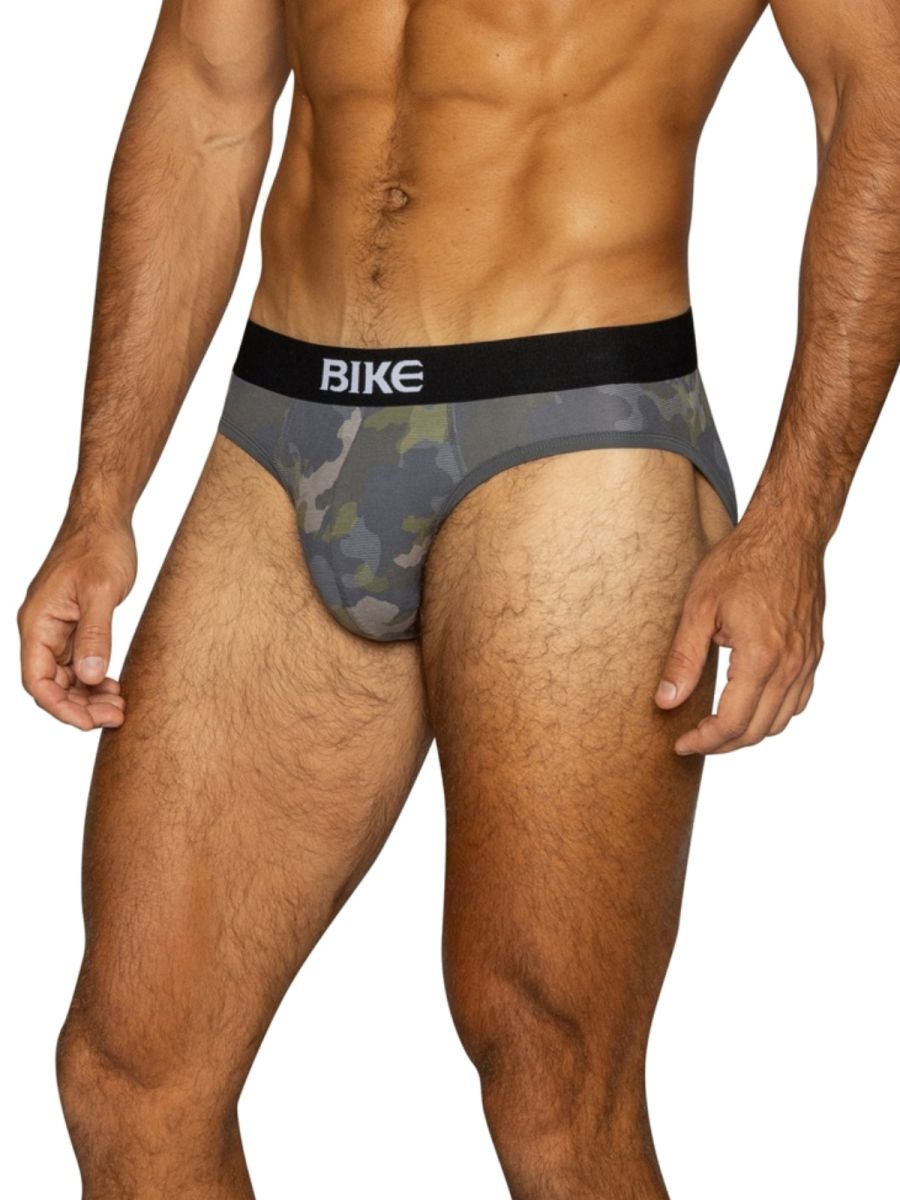 BIKE men's stretch cotton briefs in a grey camouflage pattern.