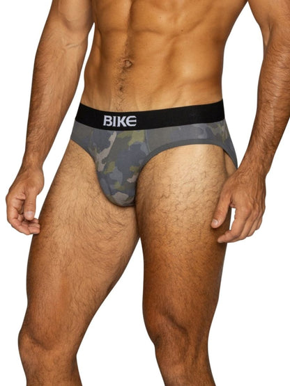 BIKE men's stretch cotton briefs in a grey camouflage pattern.