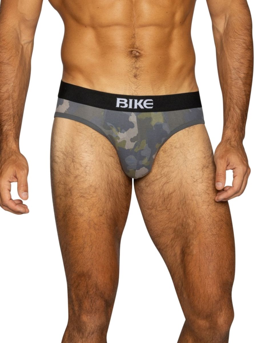 BIKE men's camouflage print stretch cotton briefs with black waistband.