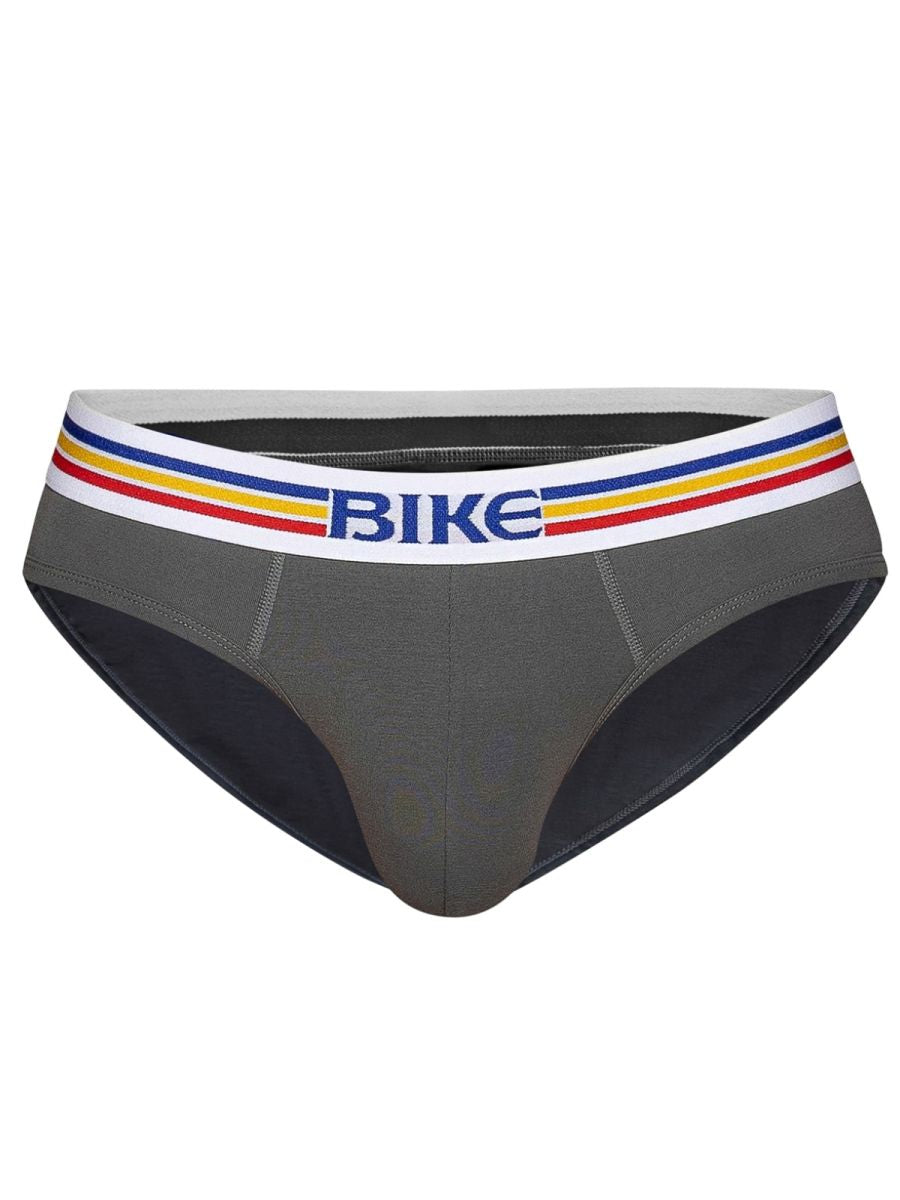 Charcoal grey BIKE men's stretch cotton brief with colorful striped waistband.