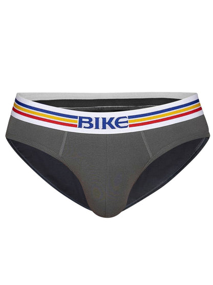 Charcoal grey BIKE men's stretch cotton brief with colorful striped waistband.