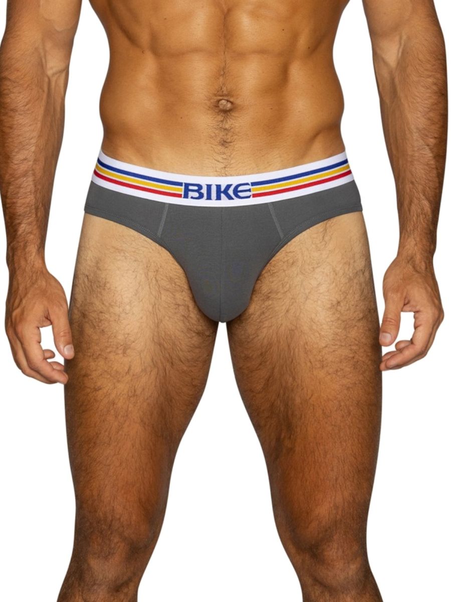 Men's charcoal grey BIKE stretch cotton brief with striped waistband.