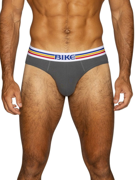 Men's charcoal grey BIKE stretch cotton brief with striped waistband.