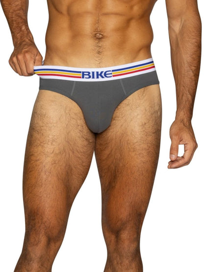 Men's charcoal grey BIKE stretch cotton briefs with a striped waistband.