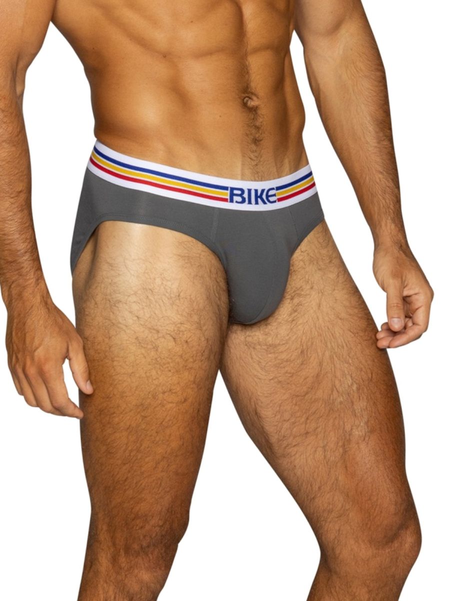 Charcoal grey BIKE athletic stretch cotton briefs with a striped waistband.