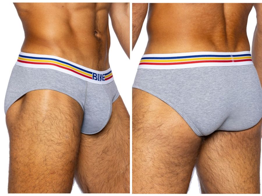 Gray heathered bike athletic bas327 stretch cotton brief with white waistband striped red yellow blue and navy logo