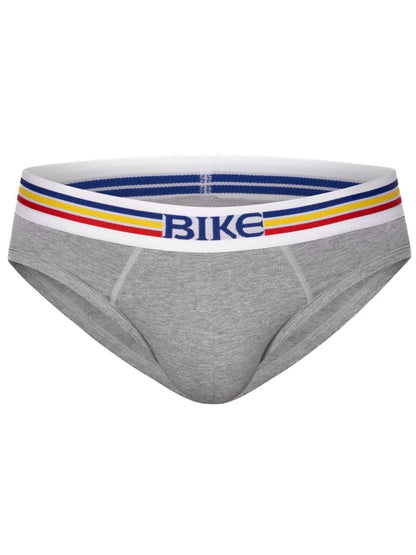 Gray heathered bike athletic bas327 stretch cotton men’s briefs with white waistband and colorful stripes