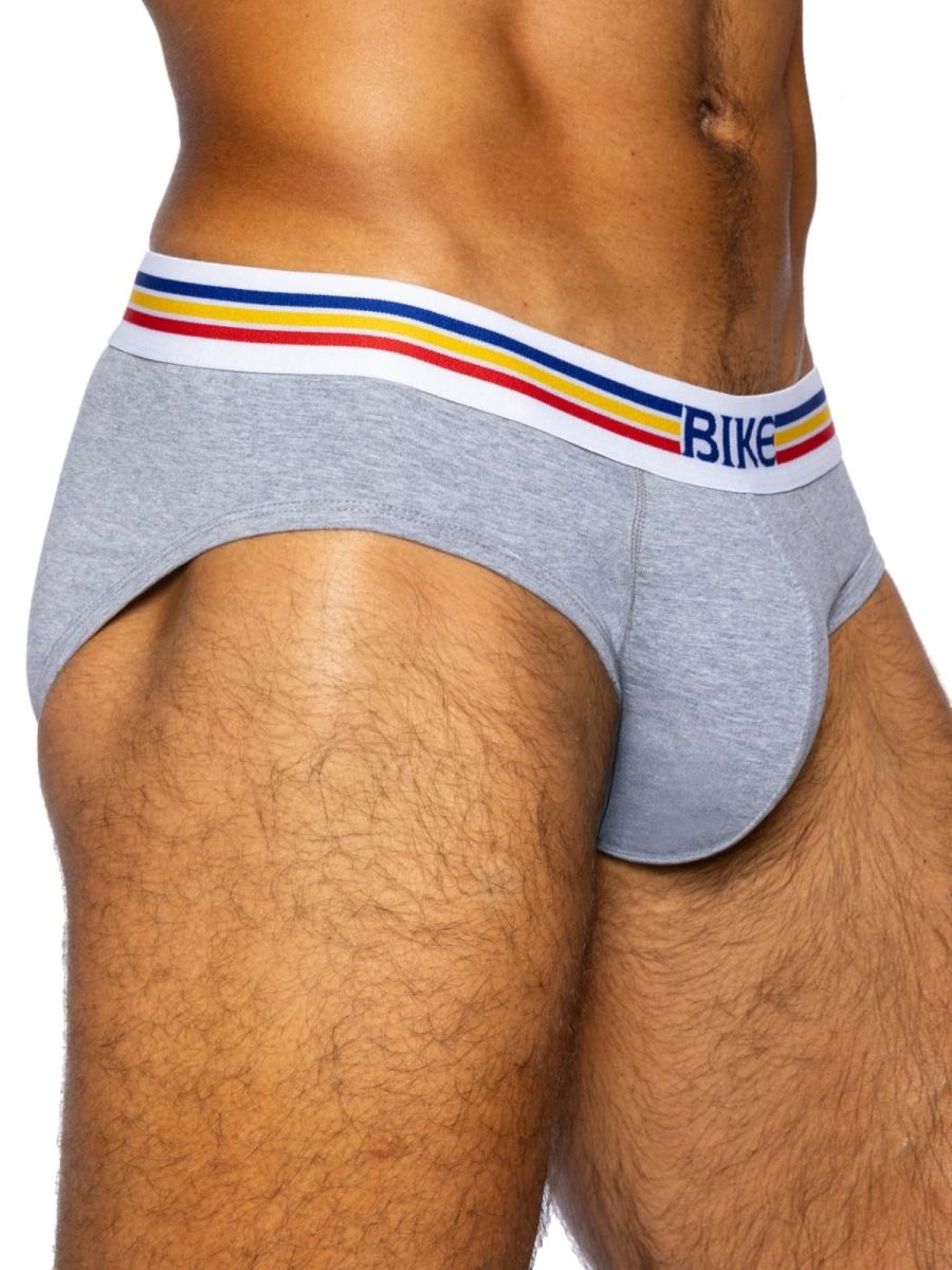 Gray heathered stretch cotton briefs with white waistband featuring red yellow blue stripes and bike lettering