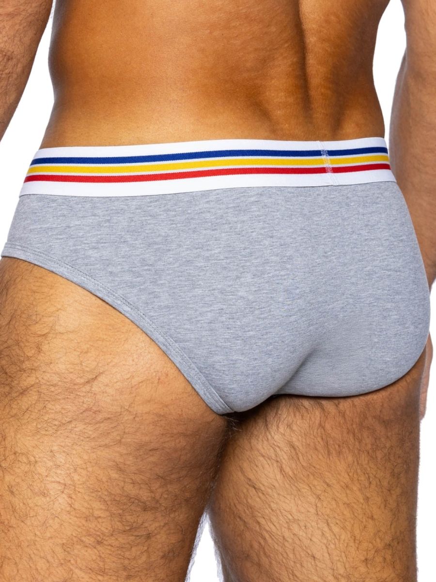 Gray heathered bike athletic bas327 stretch cotton briefs with white waistband and red yellow blue stripes