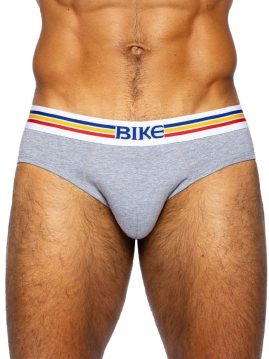 Gray heathered bike athletic BAS327 stretch cotton briefs with white waistband and colorful stripe accents