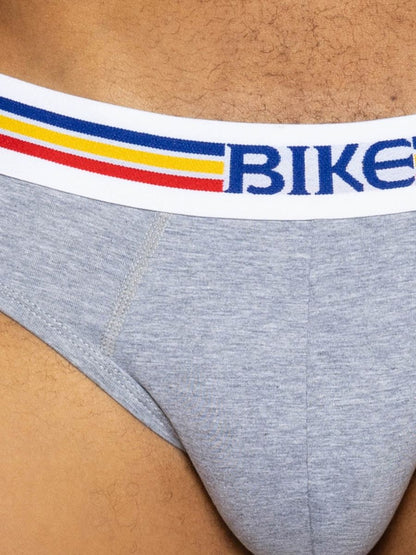 Gray heathered bike athletic bas327 stretch cotton men’s briefs with white waistband and multicolor striped accents