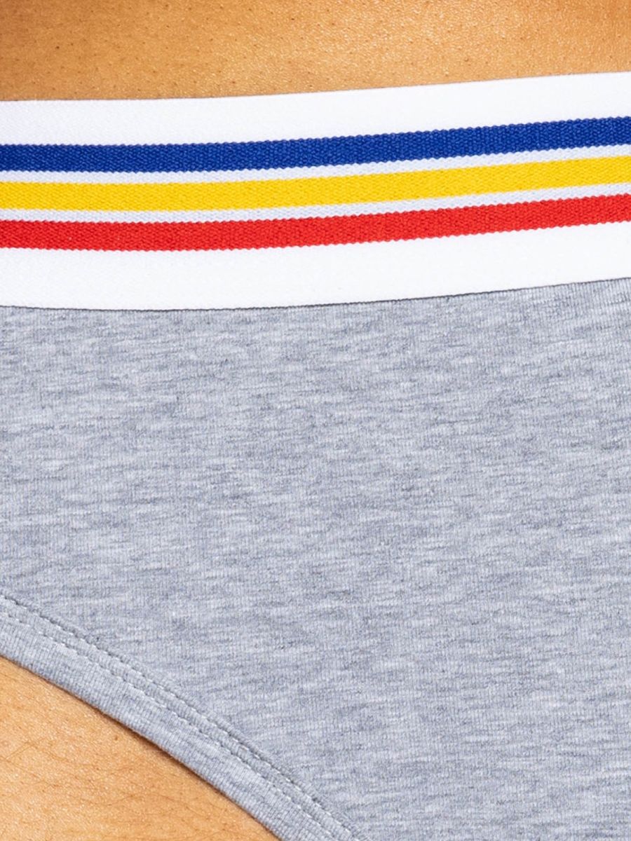 Gray heathered bike athletic bas327 stretch cotton brief with white elastic waistband featuring blue yellow and red stripes