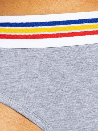 Gray heathered bike athletic bas327 stretch cotton brief with white elastic waistband featuring blue yellow and red stripes
