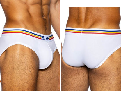 White men’s stretch cotton briefs with colorful striped waistband featuring bike logo in blue lettering