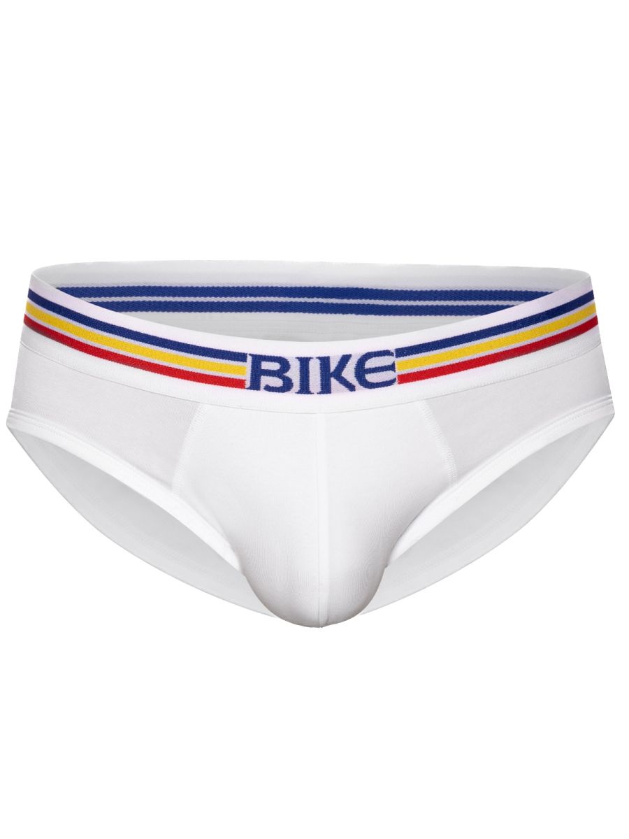 White bike athletic bas327 stretch cotton briefs with colorful striped waistband and blue bike lettering