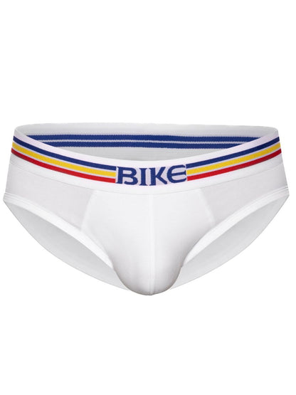 White bike athletic bas327 stretch cotton briefs with colorful striped waistband and blue bike lettering