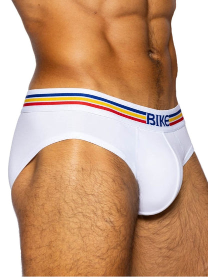 White bike athletic bas327 stretch cotton men’s briefs with colorful striped waistband in red yellow and blue