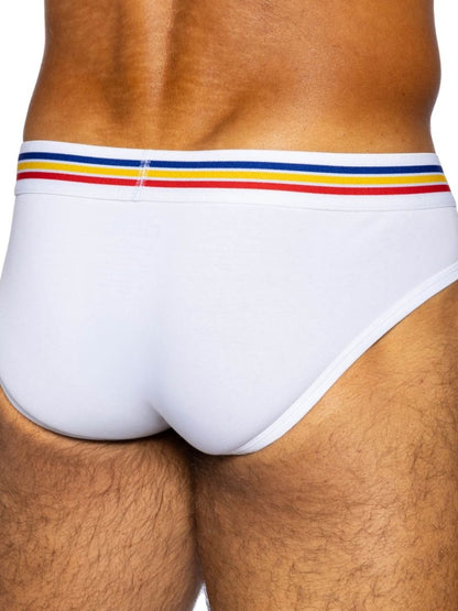 White bike athletic bas327 stretch cotton briefs with colorful red yellow and blue striped waistband