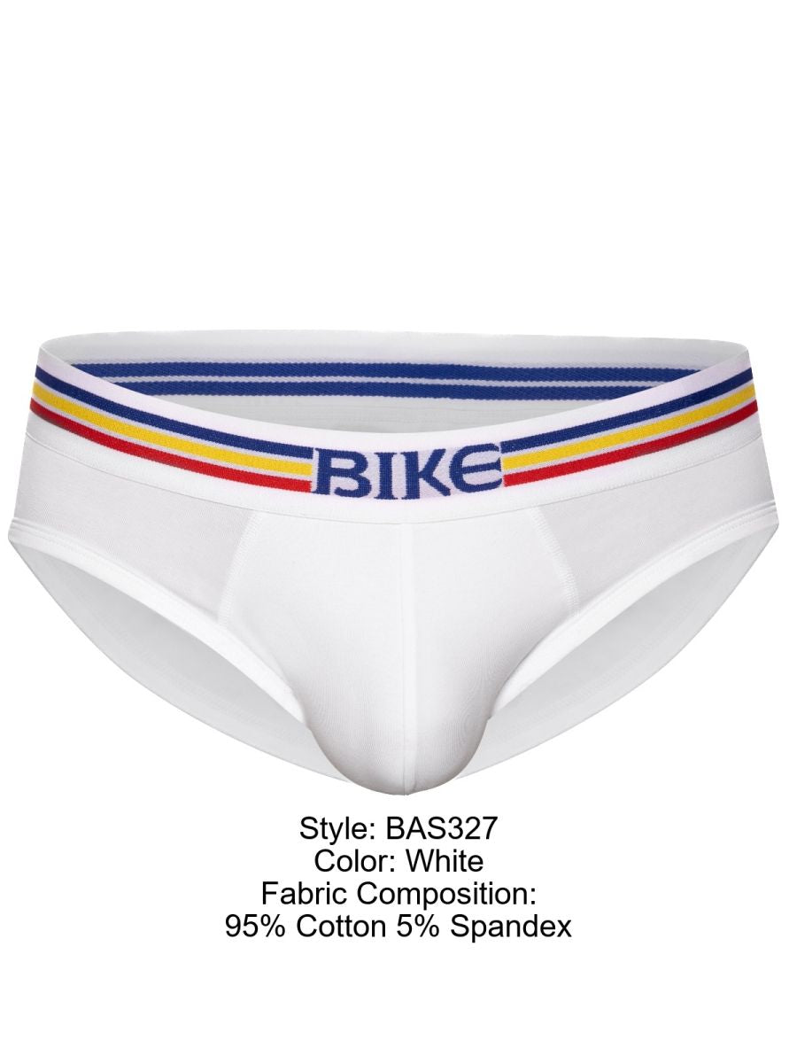 White bike athletic bas327 stretch cotton men’s briefs with striped blue yellow red waistband and bike lettering