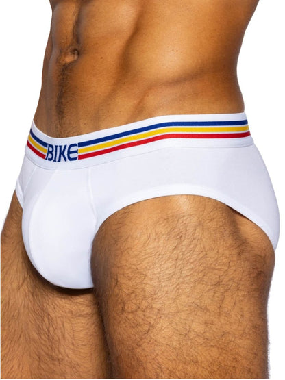 White bike athletic bas327 stretch cotton briefs with colorful striped waistband and blue bike lettering