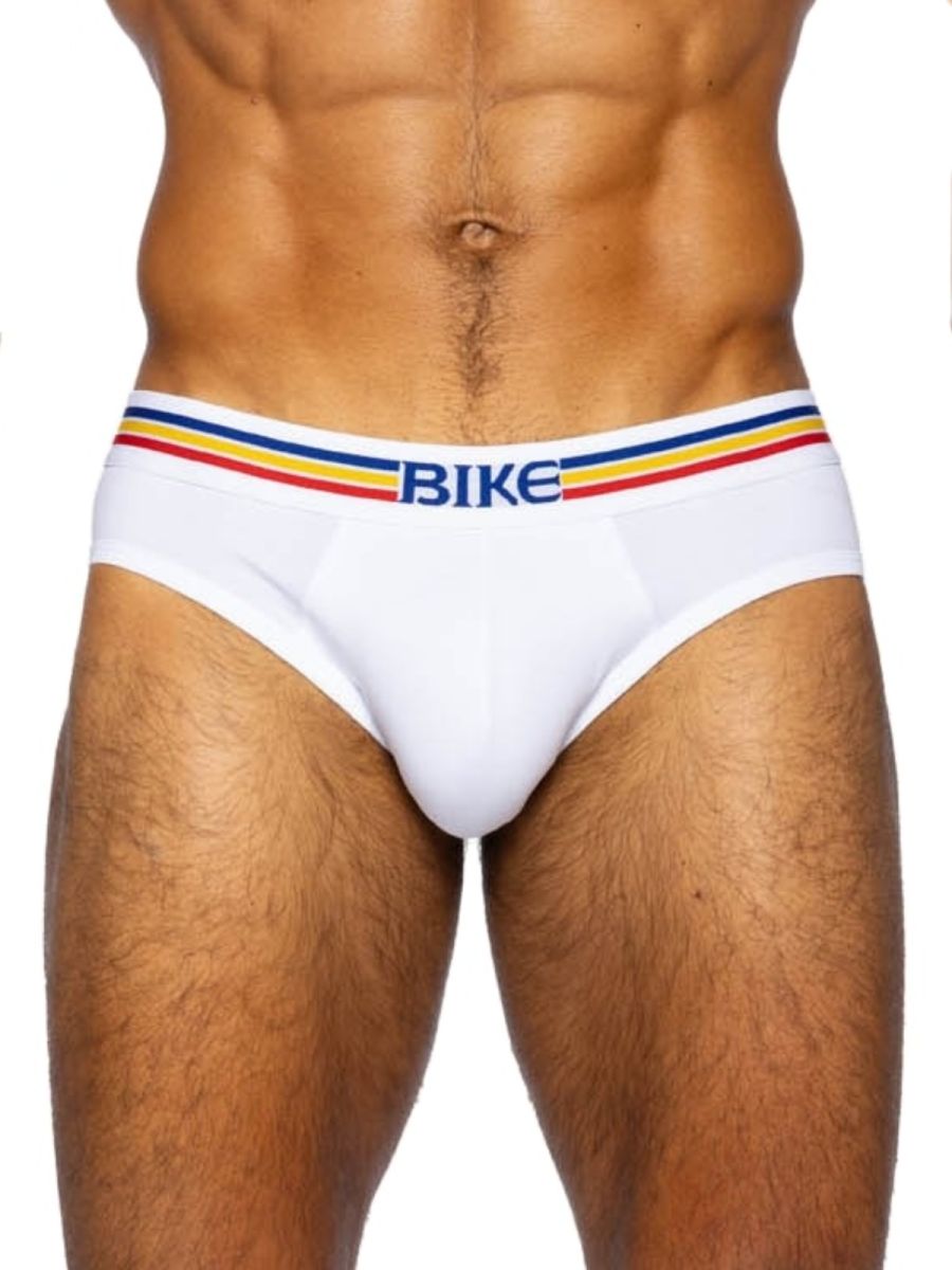 White bike athletic bas327 stretch cotton men’s briefs with colorful striped waistband and blue bike lettering