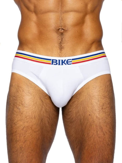 White bike athletic bas327 stretch cotton men’s briefs with colorful striped waistband and blue bike lettering