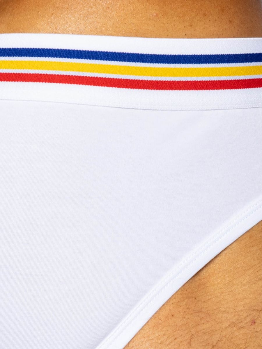 White bike athletic bas327 stretch cotton brief with ribbed waistband and blue yellow red stripes shown from the back